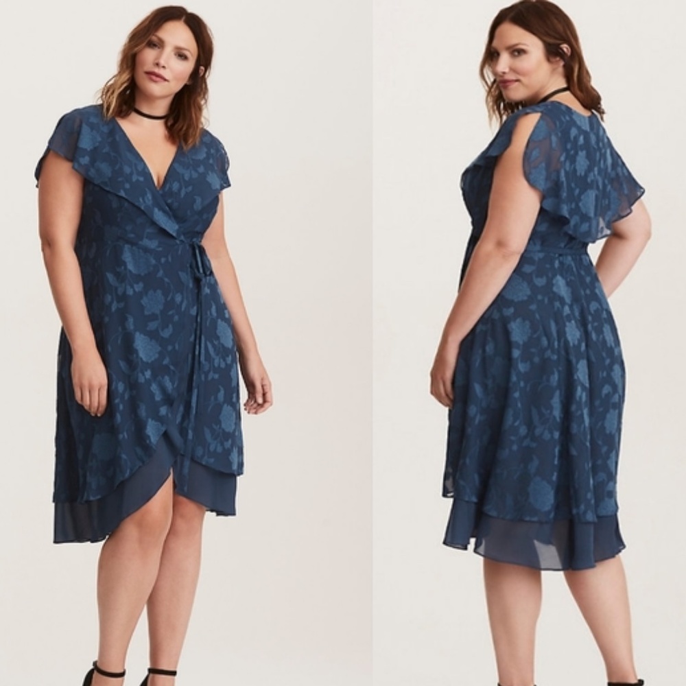Torrid Textured Floral Chiffon Flutter Midi Wrap Dress 4X